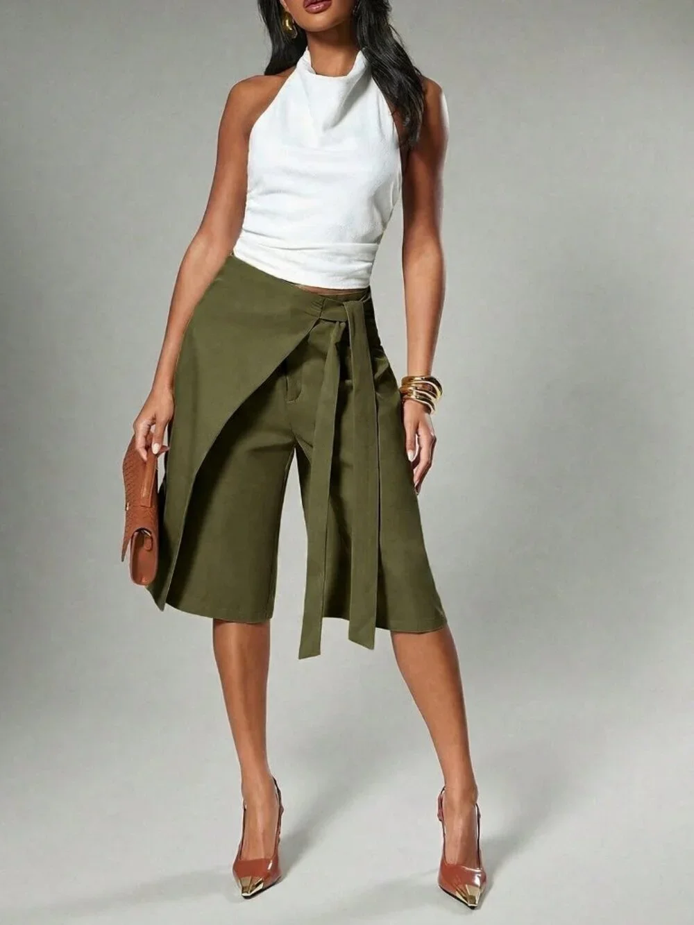 Army Green Casual Wrap Wide Leg Women's Bermuda Shorts with Tie Detail